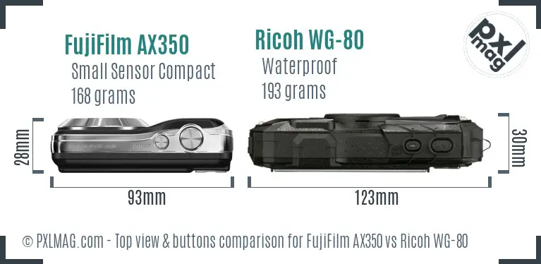FujiFilm AX350 vs Ricoh WG-80 top view buttons comparison FujiFilm AX350 vs Ricoh WG-80 top view buttons comparison