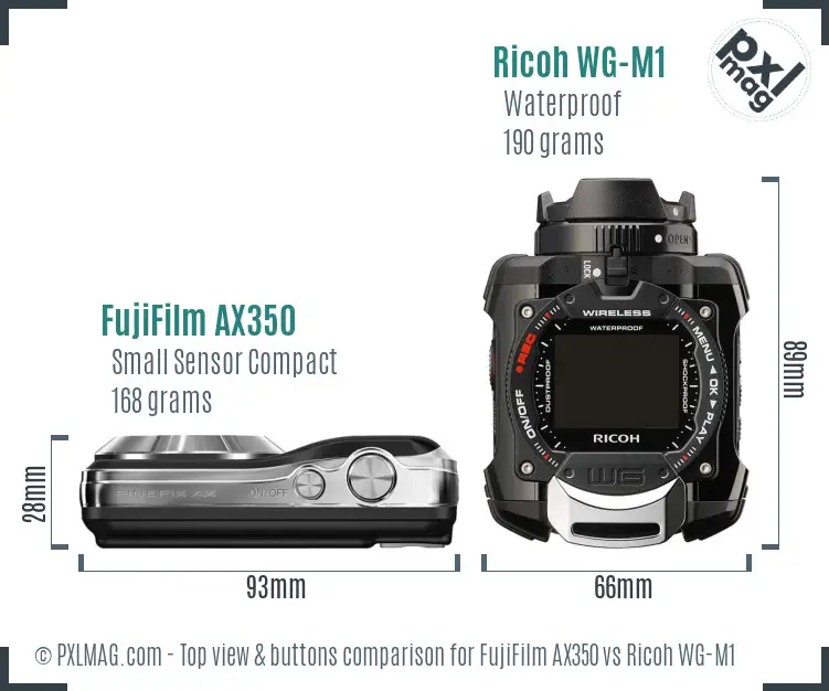 FujiFilm AX350 vs Ricoh WG-M1 top view buttons comparison