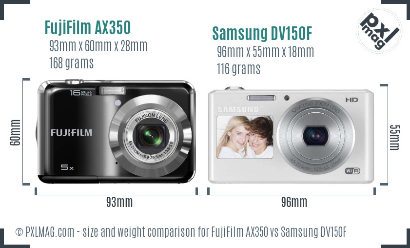 FujiFilm AX350 vs Samsung DV150F size comparison