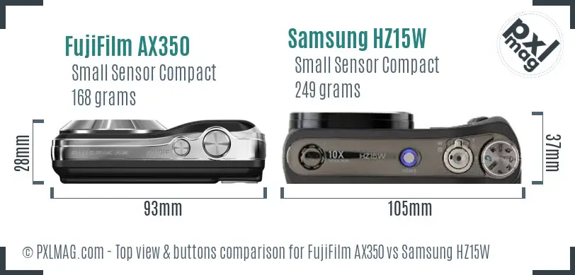 FujiFilm AX350 vs Samsung HZ15W top view buttons comparison FujiFilm AX350 vs Samsung HZ15W top view buttons comparison