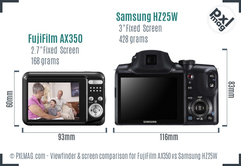 FujiFilm AX350 vs Samsung HZ25W Screen and Viewfinder comparison