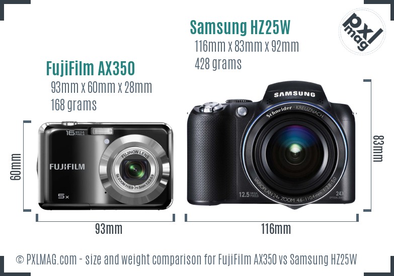 FujiFilm AX350 vs Samsung HZ25W size comparison