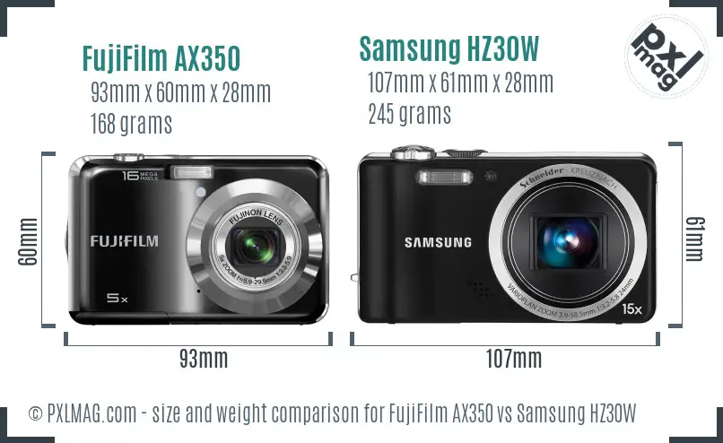 FujiFilm AX350 vs Samsung HZ30W size comparison