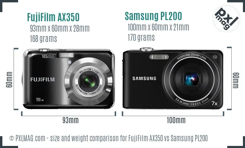 FujiFilm AX350 vs Samsung PL200 size comparison