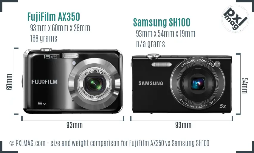 FujiFilm AX350 vs Samsung SH100 size comparison