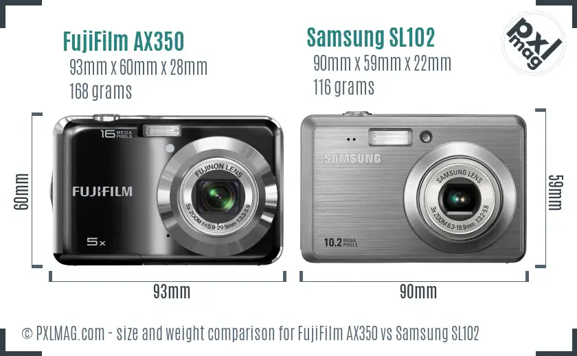 FujiFilm AX350 vs Samsung SL102 size comparison