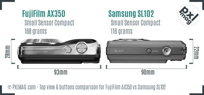 FujiFilm AX350 vs Samsung SL102 top view buttons comparison