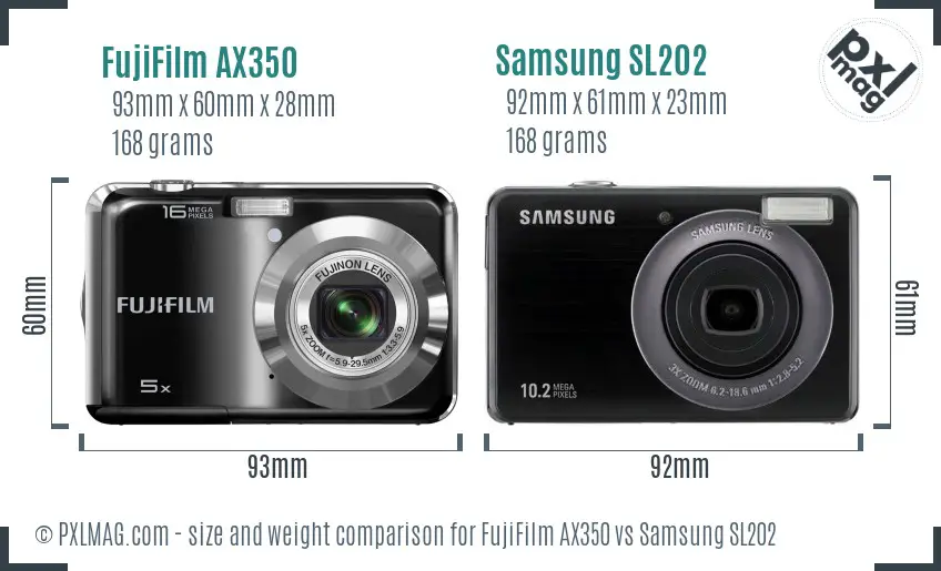 FujiFilm AX350 vs Samsung SL202 size comparison
