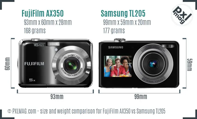 FujiFilm AX350 vs Samsung TL205 size comparison FujiFilm AX350 vs Samsung TL205 size comparison