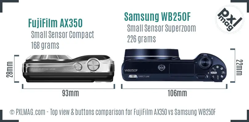 FujiFilm AX350 vs Samsung WB250F top view buttons comparison