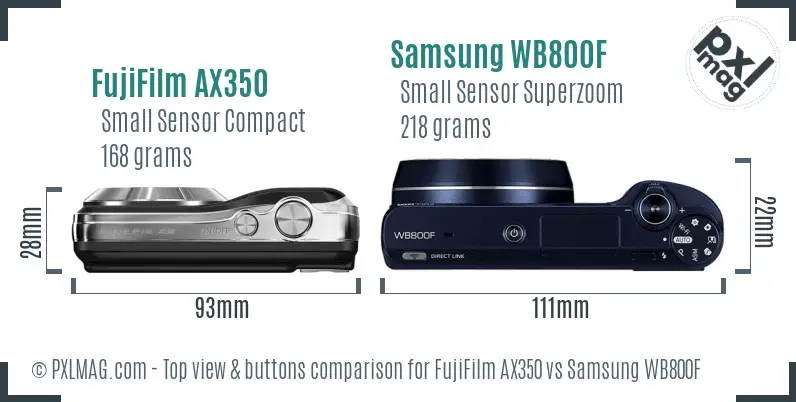 FujiFilm AX350 vs Samsung WB800F top view buttons comparison FujiFilm AX350 vs Samsung WB800F top view buttons comparison