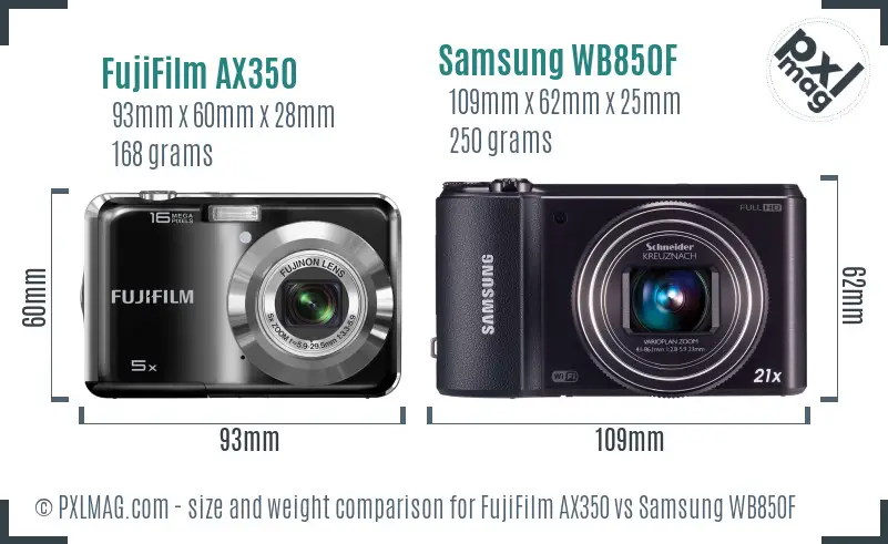 FujiFilm AX350 vs Samsung WB850F size comparison