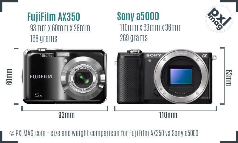 FujiFilm AX350 vs Sony a5000 size comparison