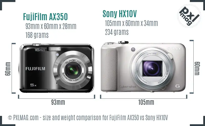 FujiFilm AX350 vs Sony HX10V size comparison
