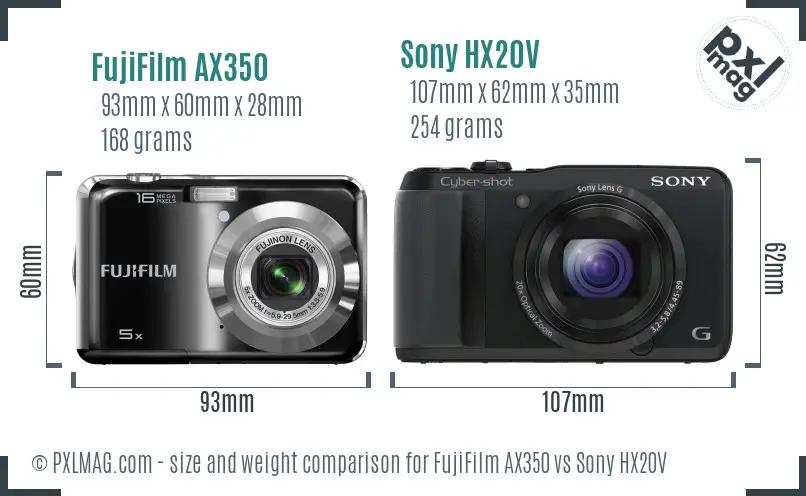 FujiFilm AX350 vs Sony HX20V size comparison