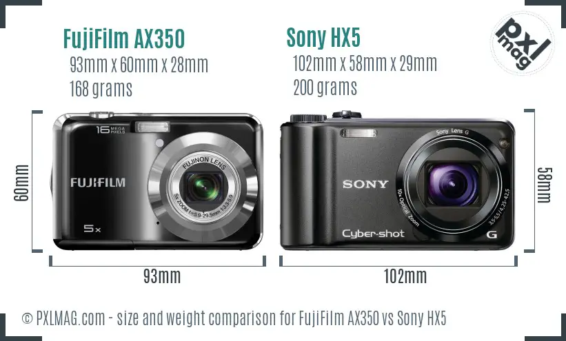 FujiFilm AX350 vs Sony HX5 size comparison FujiFilm AX350 vs Sony HX5 size comparison