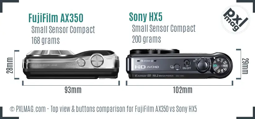 FujiFilm AX350 vs Sony HX5 top view buttons comparison FujiFilm AX350 vs Sony HX5 top view buttons comparison