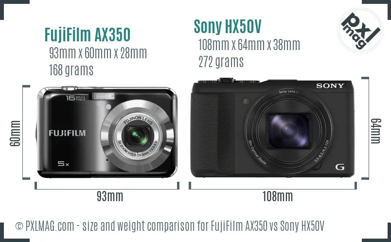 FujiFilm AX350 vs Sony HX50V size comparison