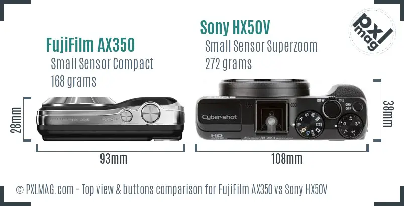 FujiFilm AX350 vs Sony HX50V top view buttons comparison