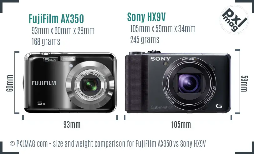 FujiFilm AX350 vs Sony HX9V size comparison