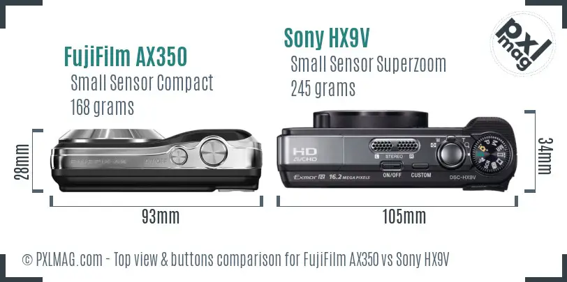 FujiFilm AX350 vs Sony HX9V top view buttons comparison