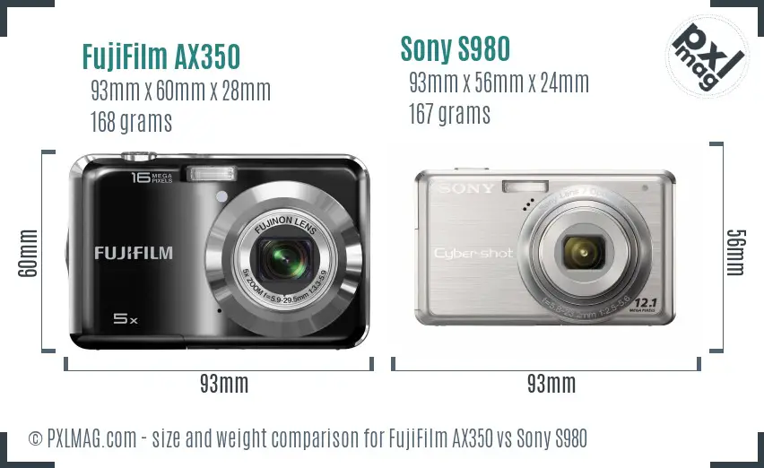 FujiFilm AX350 vs Sony S980 size comparison