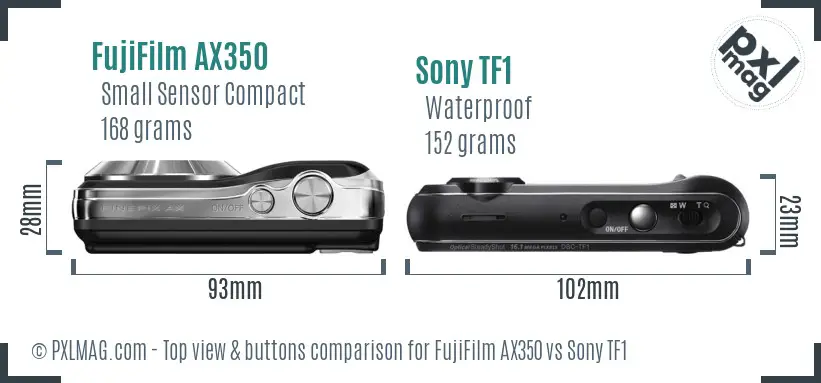 FujiFilm AX350 vs Sony TF1 top view buttons comparison FujiFilm AX350 vs Sony TF1 top view buttons comparison