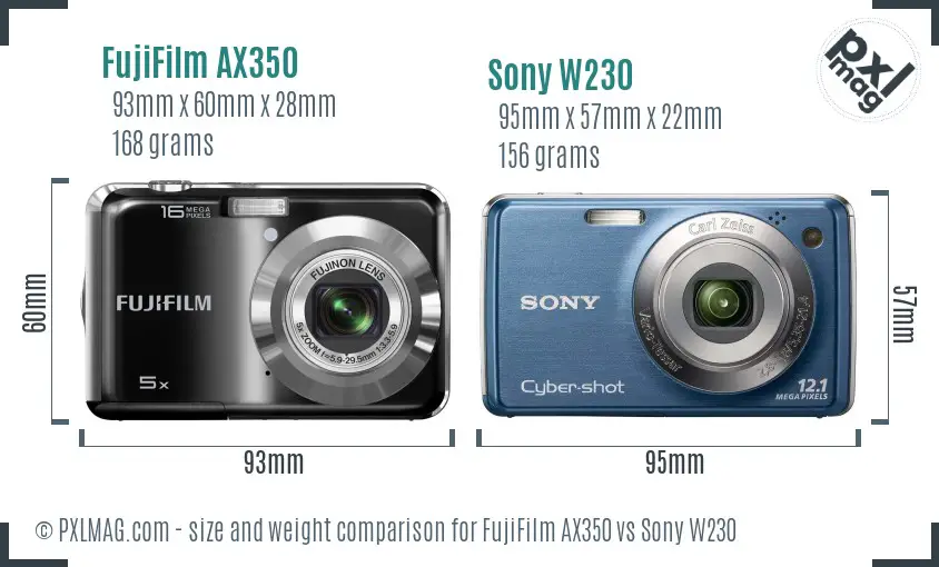 FujiFilm AX350 vs Sony W230 size comparison