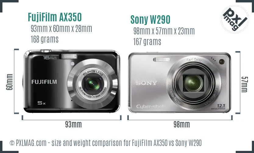 FujiFilm AX350 vs Sony W290 size comparison