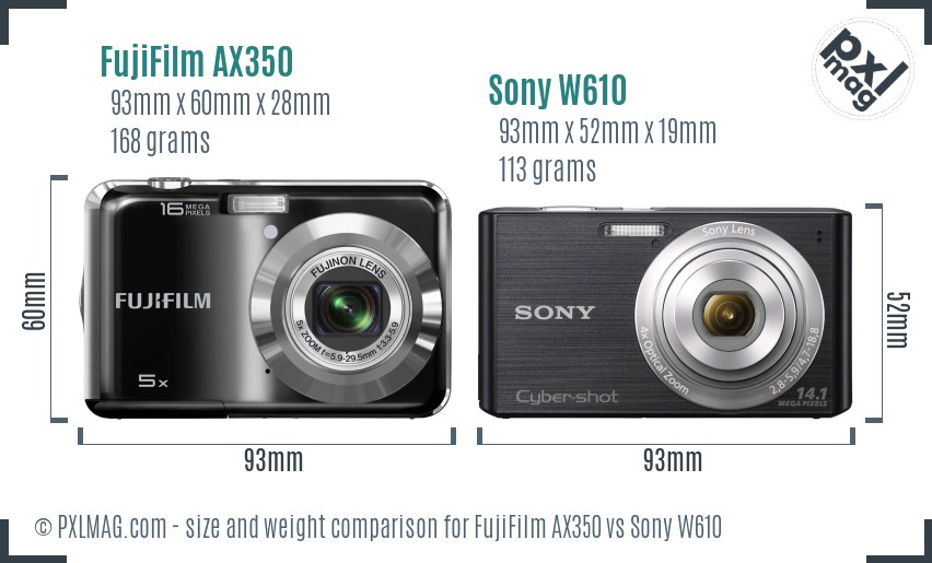 FujiFilm AX350 vs Sony W610 size comparison