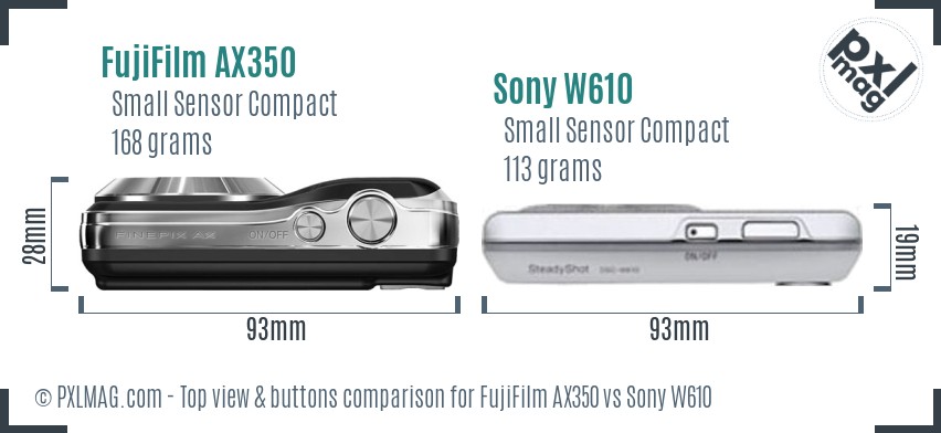 FujiFilm AX350 vs Sony W610 top view buttons comparison