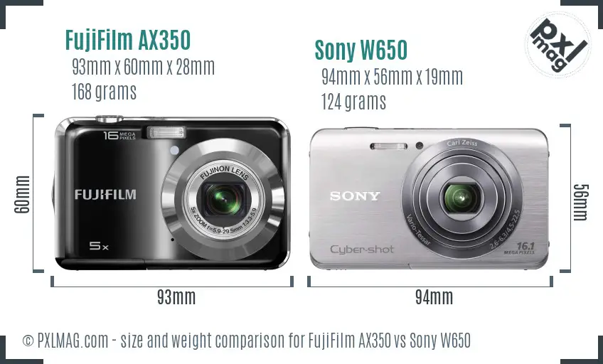 FujiFilm AX350 vs Sony W650 size comparison