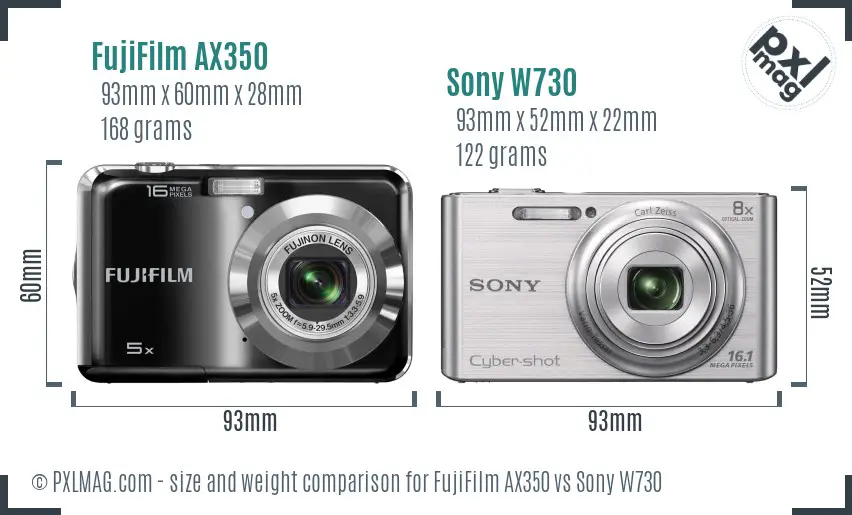 FujiFilm AX350 vs Sony W730 size comparison