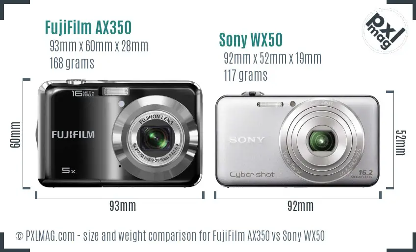FujiFilm AX350 vs Sony WX50 size comparison