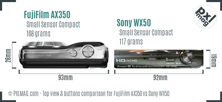 FujiFilm AX350 vs Sony WX50 top view buttons comparison