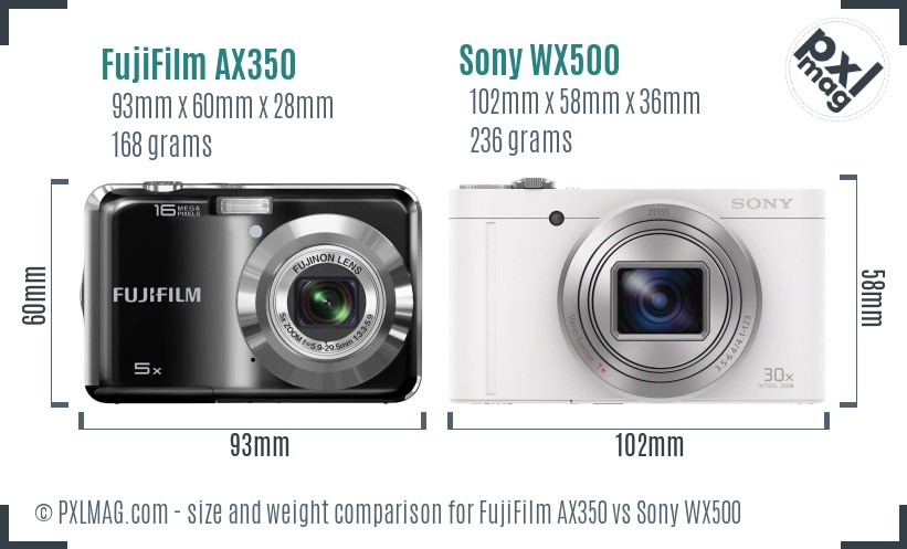 FujiFilm AX350 vs Sony WX500 size comparison