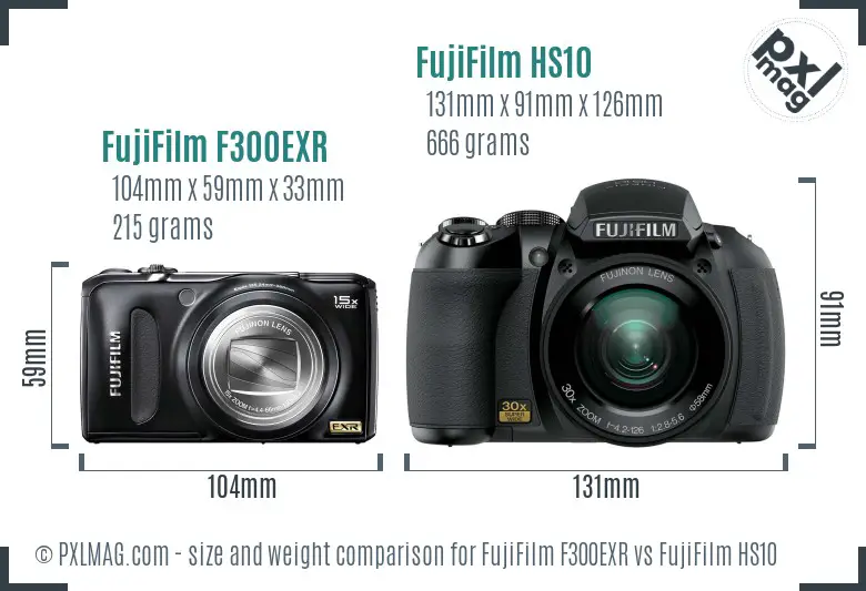 FujiFilm F300EXR vs FujiFilm HS10 size comparison FujiFilm F300EXR vs FujiFilm HS10 size comparison