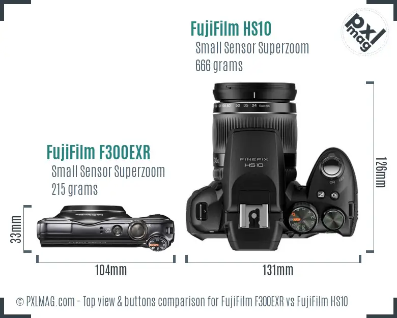 FujiFilm F300EXR vs FujiFilm HS10 top view buttons comparison FujiFilm F300EXR vs FujiFilm HS10 top view buttons comparison
