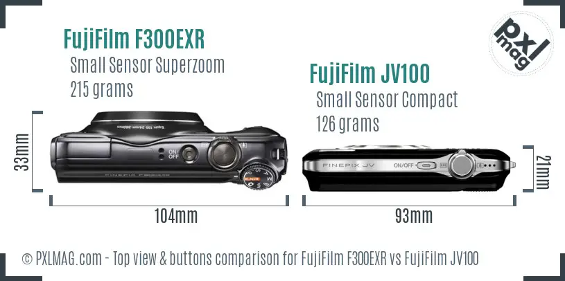 FujiFilm F300EXR vs FujiFilm JV100 top view buttons comparison FujiFilm F300EXR vs FujiFilm JV100 top view buttons comparison