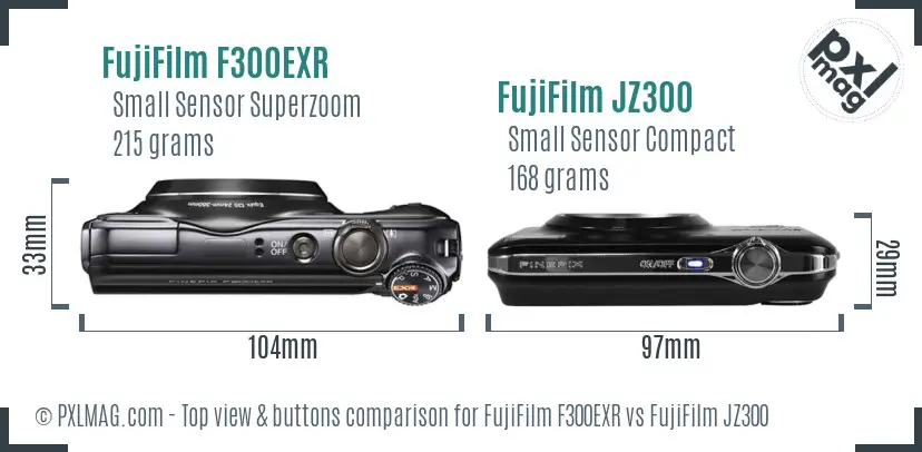 FujiFilm F300EXR vs FujiFilm JZ300 top view buttons comparison FujiFilm F300EXR vs FujiFilm JZ300 top view buttons comparison