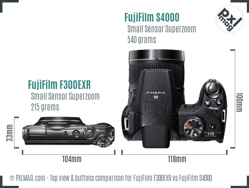 FujiFilm F300EXR vs FujiFilm S4000 top view buttons comparison FujiFilm F300EXR vs FujiFilm S4000 top view buttons comparison