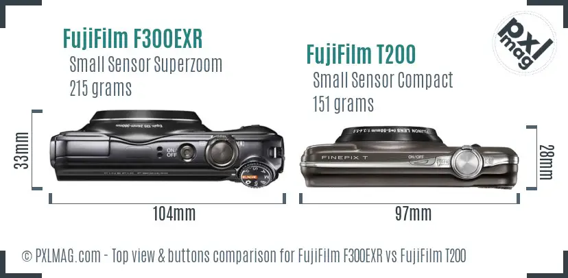 FujiFilm F300EXR vs FujiFilm T200 top view buttons comparison