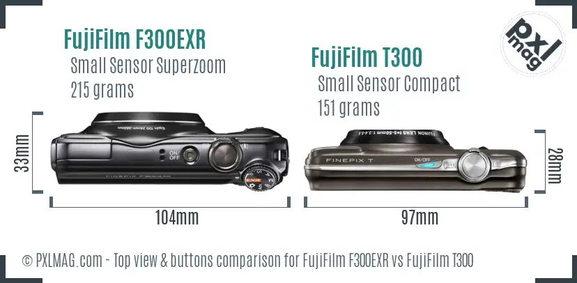FujiFilm F300EXR vs FujiFilm T300 top view buttons comparison FujiFilm F300EXR vs FujiFilm T300 top view buttons comparison