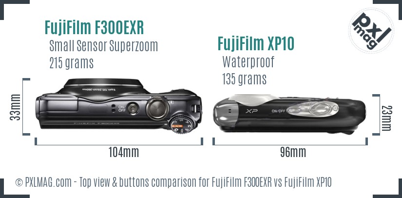 FujiFilm F300EXR vs FujiFilm XP10 top view buttons comparison