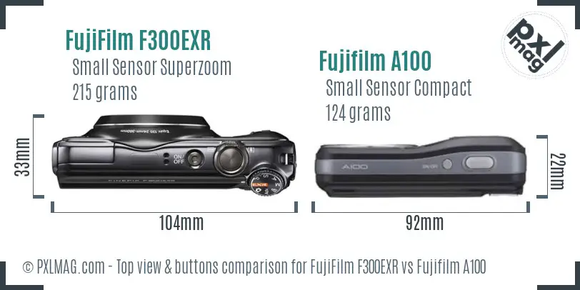FujiFilm F300EXR vs Fujifilm A100 top view buttons comparison