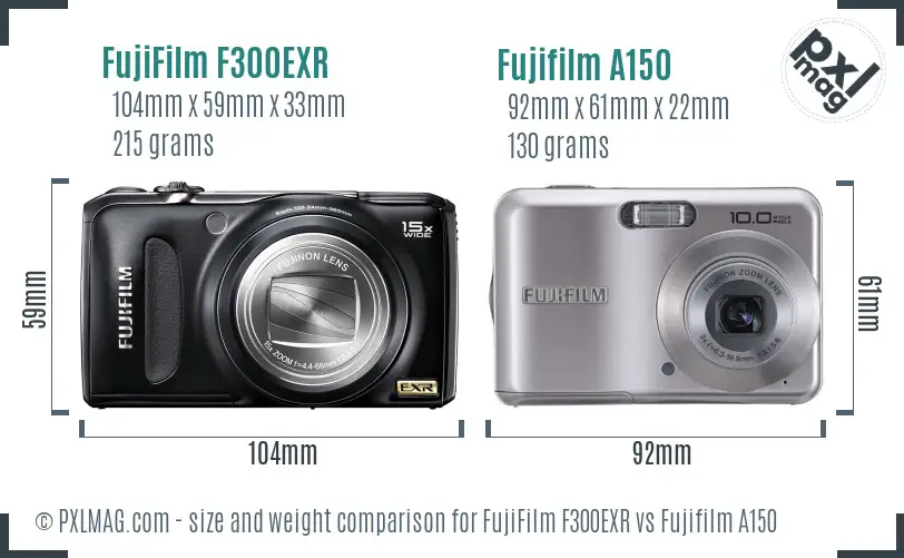 FujiFilm F300EXR vs Fujifilm A150 size comparison