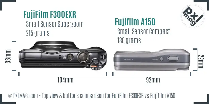 FujiFilm F300EXR vs Fujifilm A150 top view buttons comparison