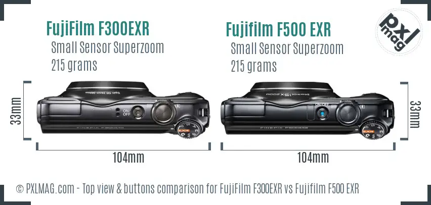 FujiFilm F300EXR vs Fujifilm F500 EXR top view buttons comparison