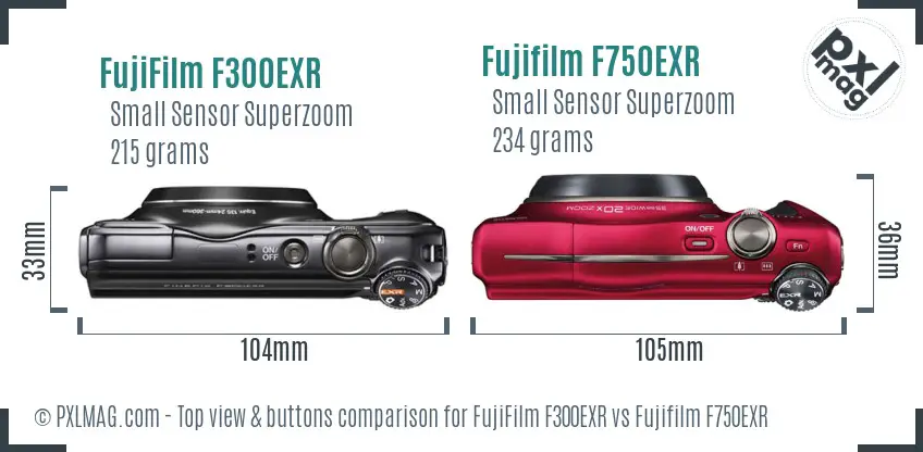 FujiFilm F300EXR vs Fujifilm F750EXR top view buttons comparison