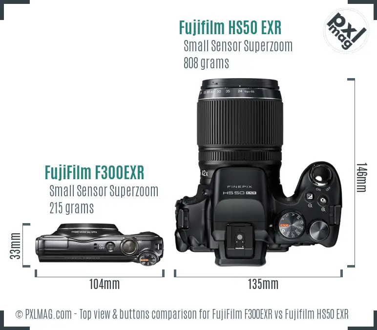 FujiFilm F300EXR vs Fujifilm HS50 EXR top view buttons comparison